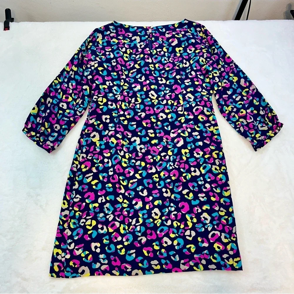 Britt Ryan 100% Silk Dress Large Navy Multicolor 3/4‎ Sleeve Made In USA